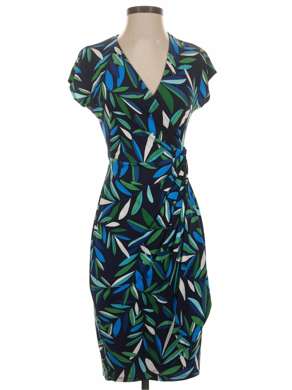 Maggy London Navy Wrap Dress with Green and Blue Leaf Print, Size 0